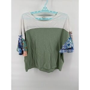 Umgee USA Womens Mixed Print Bell Sleeve Colorblock Top Green White Size S